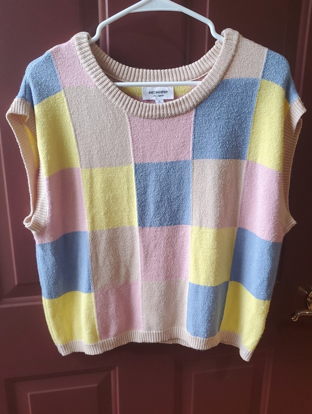 ee:some Pastel Checkered Knit PrideVest - Pink Blue Yellow Cream Unisex Oversize